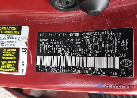 2012 Toyota Corolla Le из США, поврежденный, VIN 2T1BU4EE2CC808658